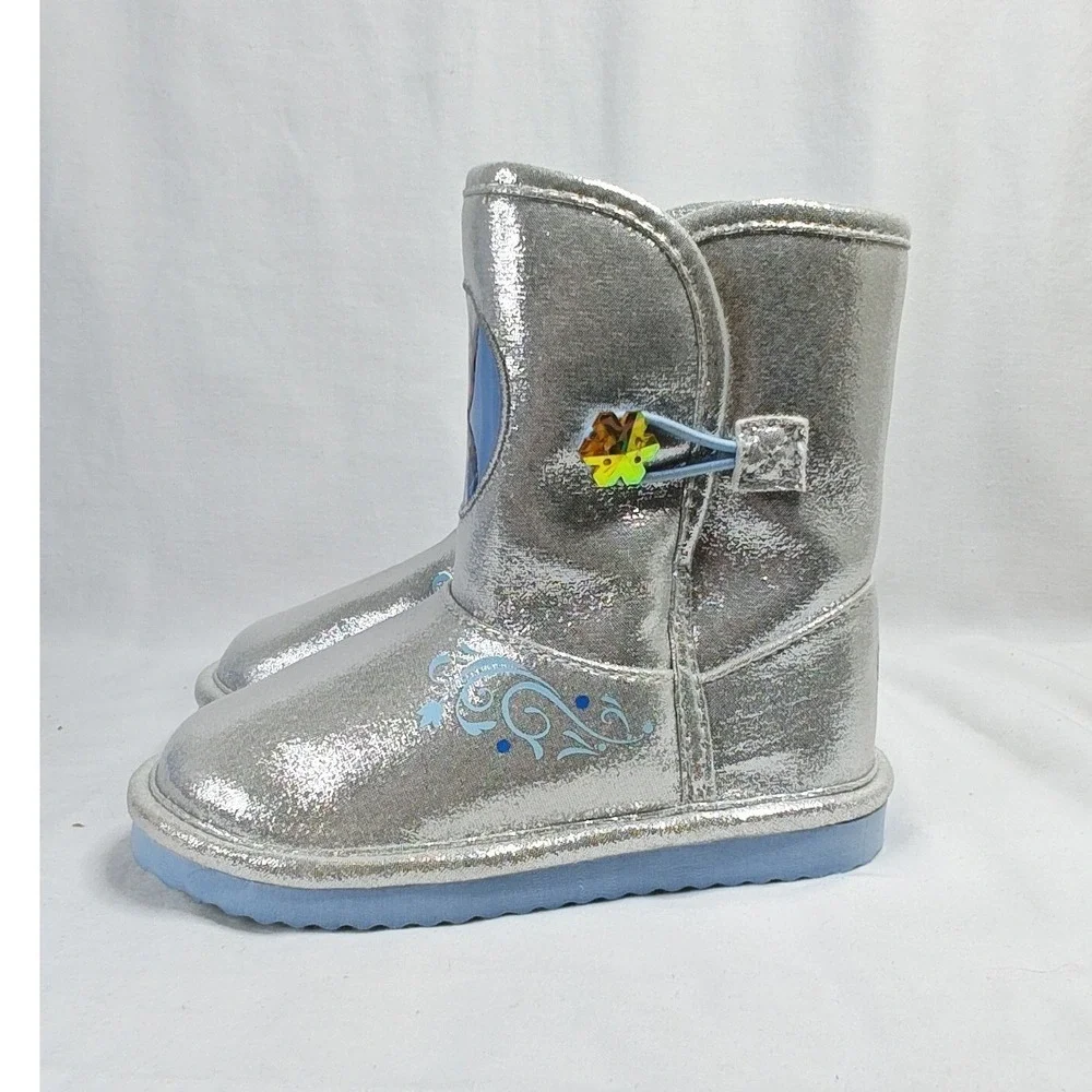 Disney Frozen Boots Silver Anna Elsa Faux Fur Metallic Snowflake Toddler 9 New